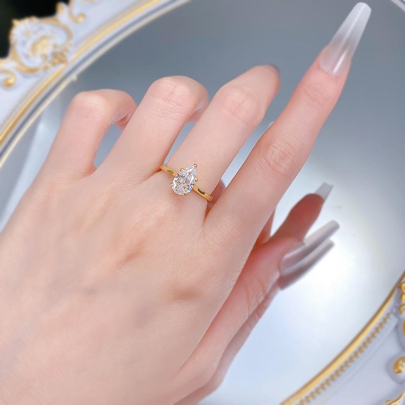 S925 Sterling Silver Pear Shaped Golden 6*9mm 6A Cubic Zirconia Ring-425 emerald  ring(25%)