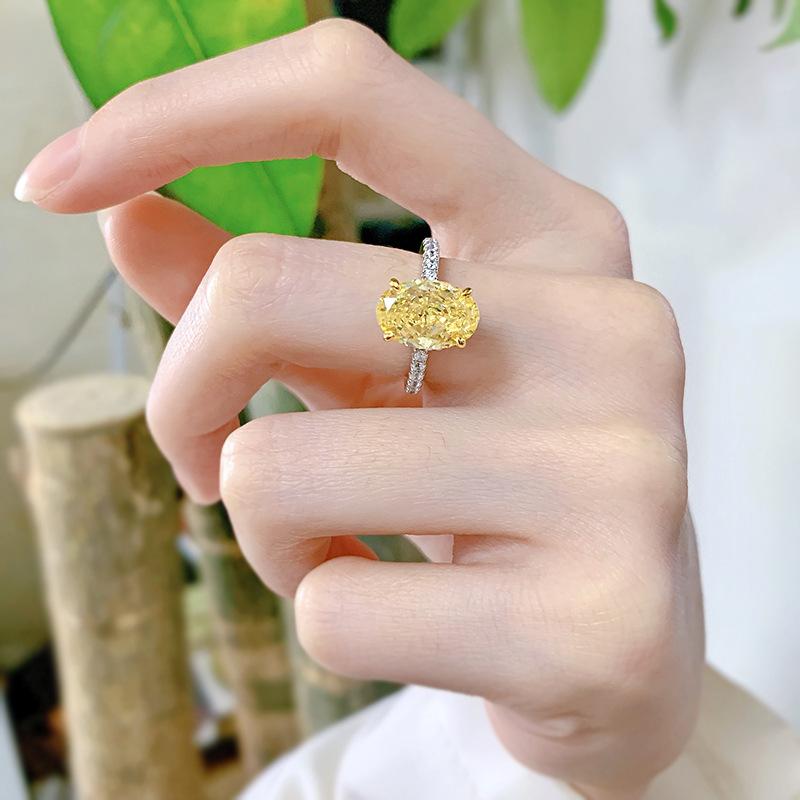 S925 Sterling Silver Yellow Radiant Cut Oval Ring 8*12mm 6A Cubic Zirconia Ring-247(35%)
