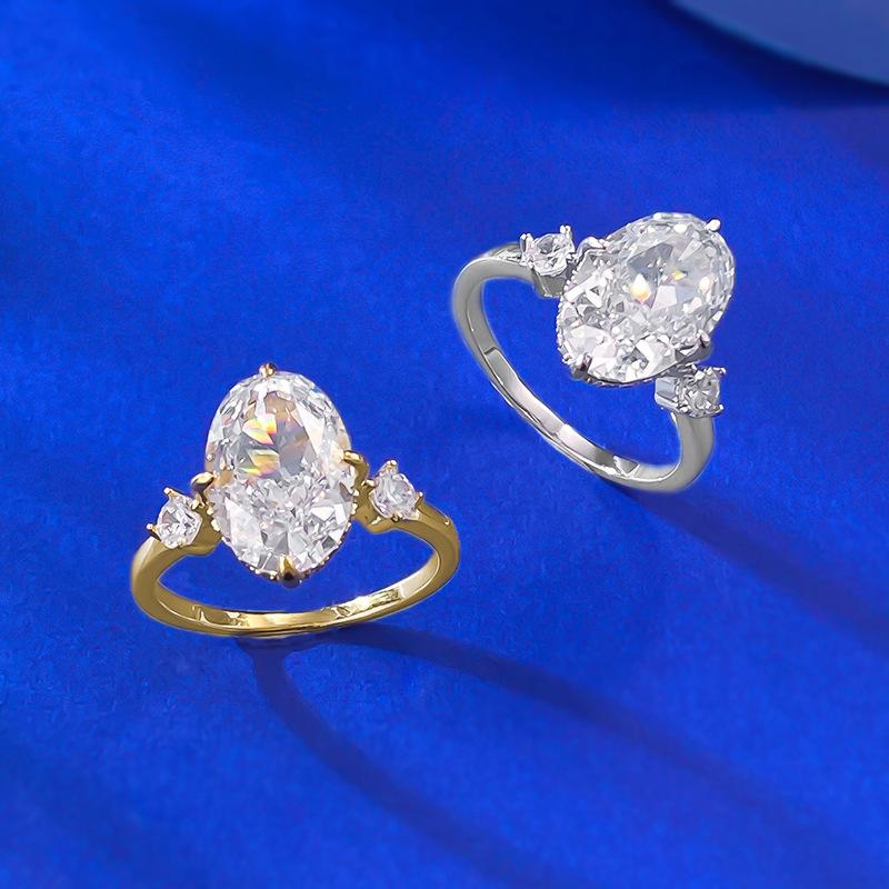 S925 Sterling Silver Ice Flower Cut Oval Three-stones Ring 8*12mm 8A Cubic Zirconia Ring-371(35%)