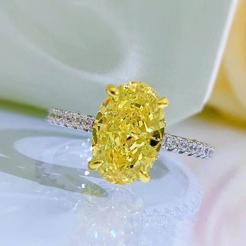 S925 Sterling Silver Yellow Radiant Cut Oval Ring 8*12mm 6A Cubic Zirconia Ring-247(35%)