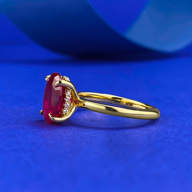 S925 sterling silver red oval cut golden plated ring 7*10mm 6A cubic zirconia ring -102(35%)
