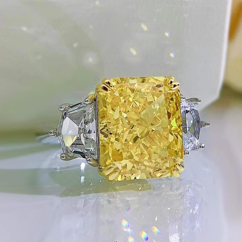 S925 Sterling Silver Yellow/Purple Radiant Cut High Carbon Three Stones Ring 10*12mm 8A Cubic Zirconia Ring-454(25%)