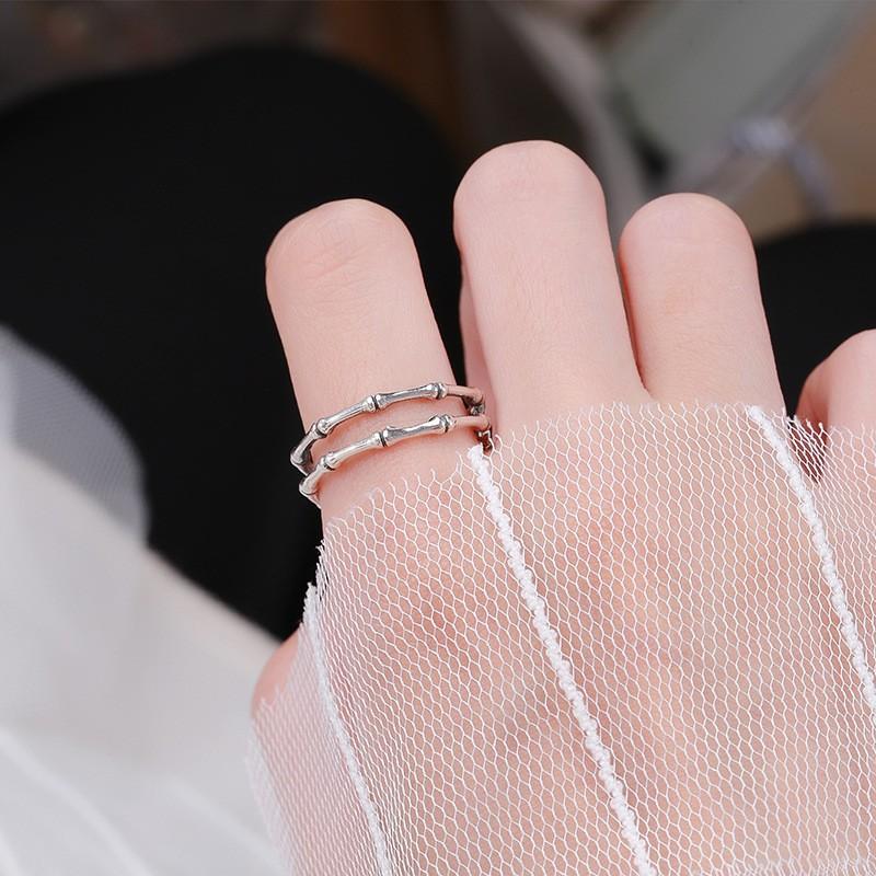 S925 Sterling Silver Vintage Distressed Double Layer Bamboo Knot Ring for Women Open Ring - 502(45%)