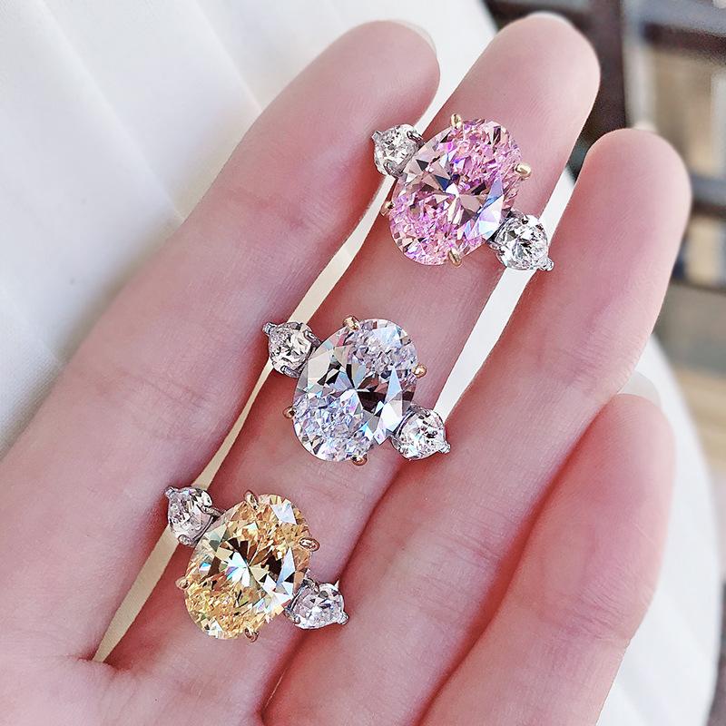 S925 Sterling Silver Purple Three-stones Oval Cut Oval Ring 10*14mm 6A Cubic Zirconia Ring Purple/Yellow/White-365(35%)