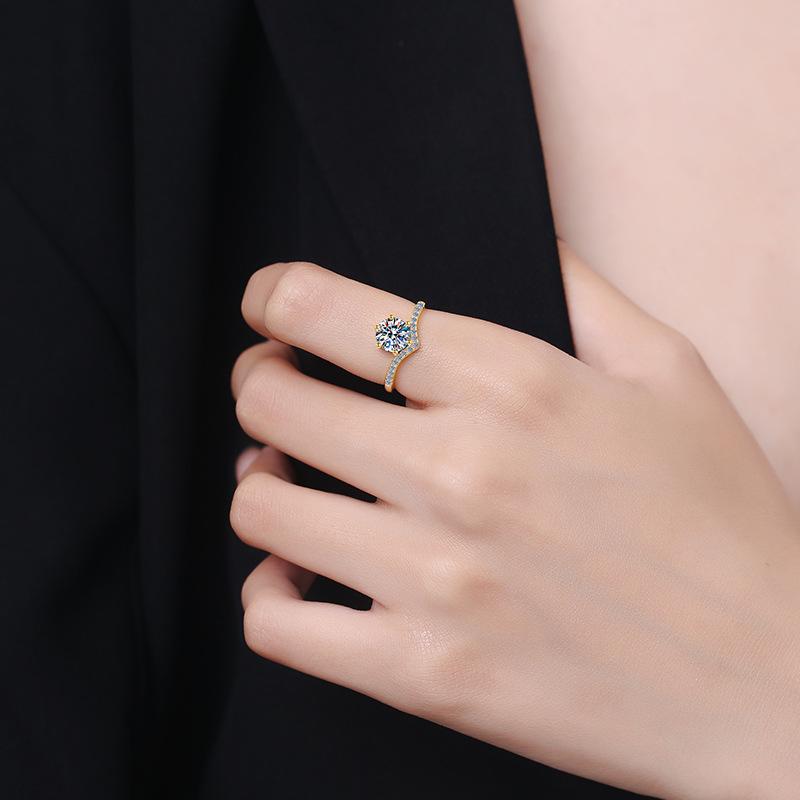 S925 Sterling Silver Six-claw Golden Ring Synthetic Moissanite Ring-186(35%)