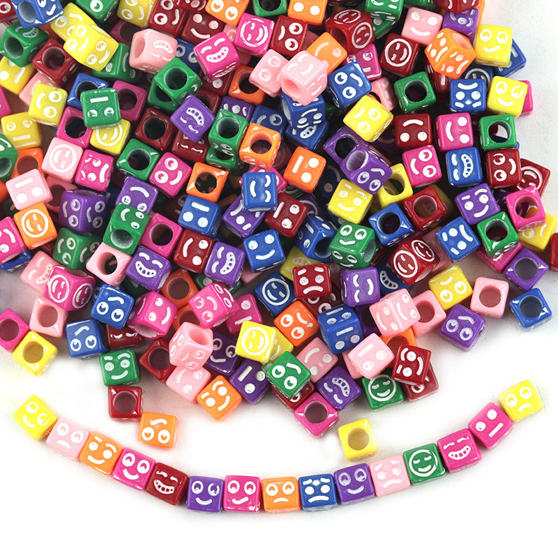 100 Pcs/Pack Acrylic Square Smiley Beads Colorful Expression Square Large Hole Beads Diy Children Bracelet Accessories