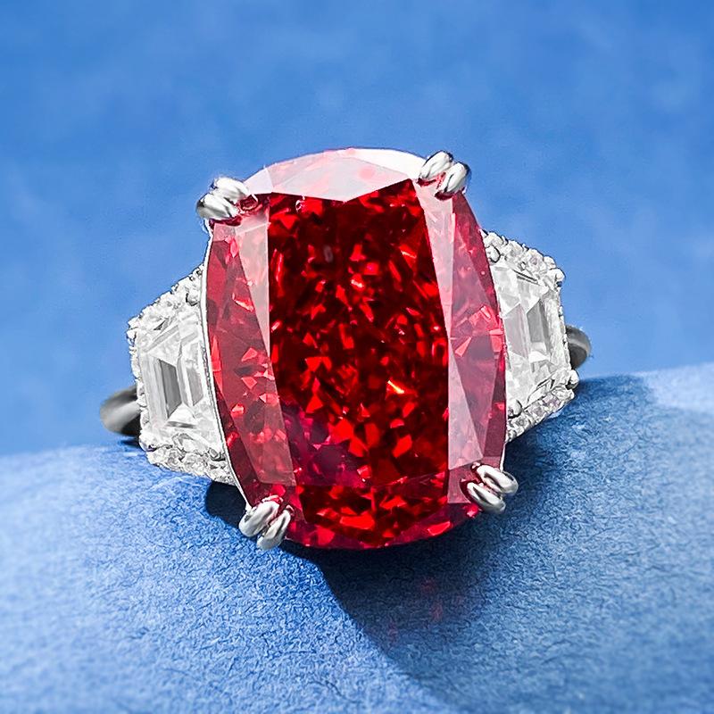 S925 Sterling Silver Red Three Stones Rectangular 11*15mm 8A Cubic Zirconia Ring-135(45%)