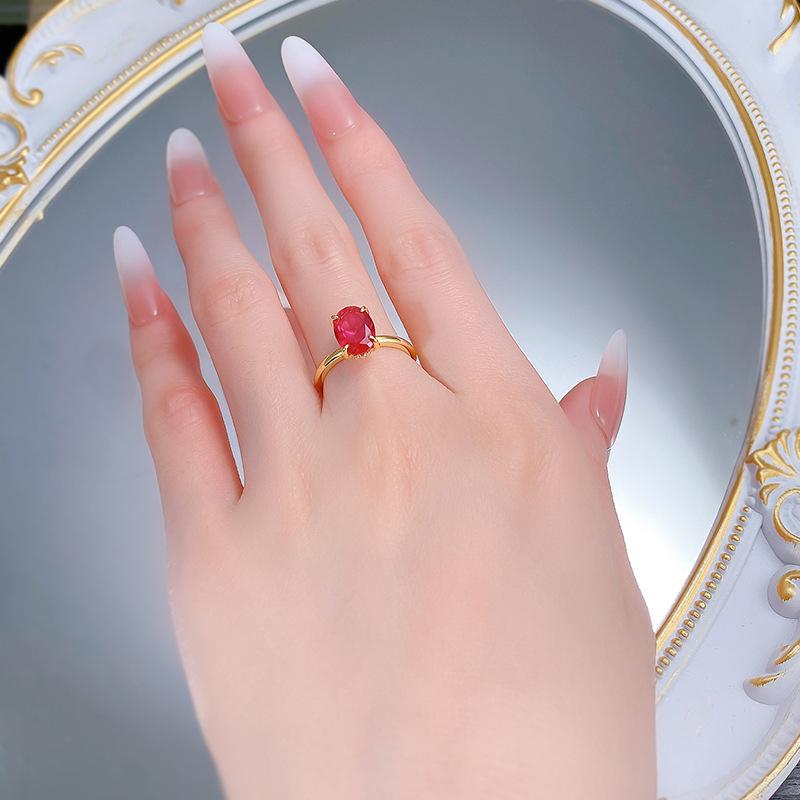 S925 sterling silver red oval cut golden plated ring 7*10mm 6A cubic zirconia ring -102(35%)