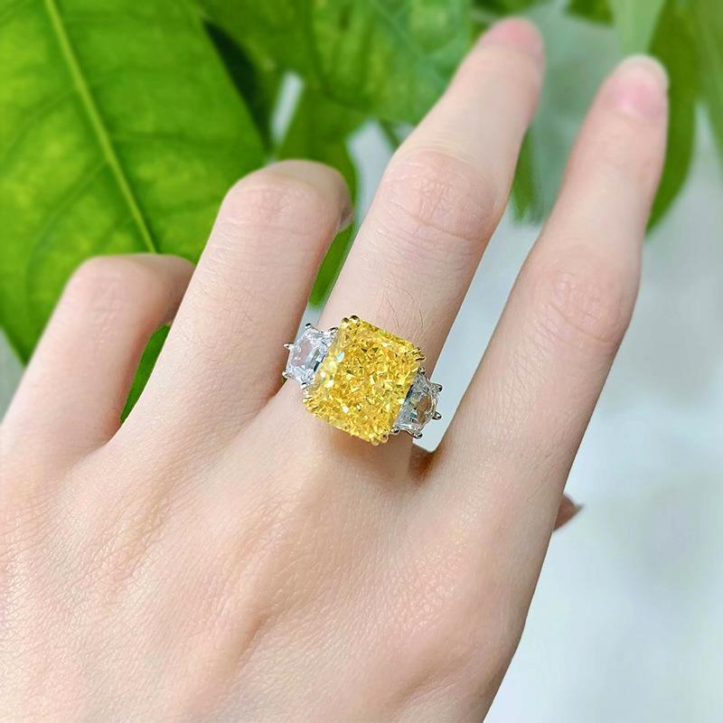 S925 Sterling Silver Yellow/Purple Radiant Cut High Carbon Three Stones Ring 10*12mm 8A Cubic Zirconia Ring-454(25%)