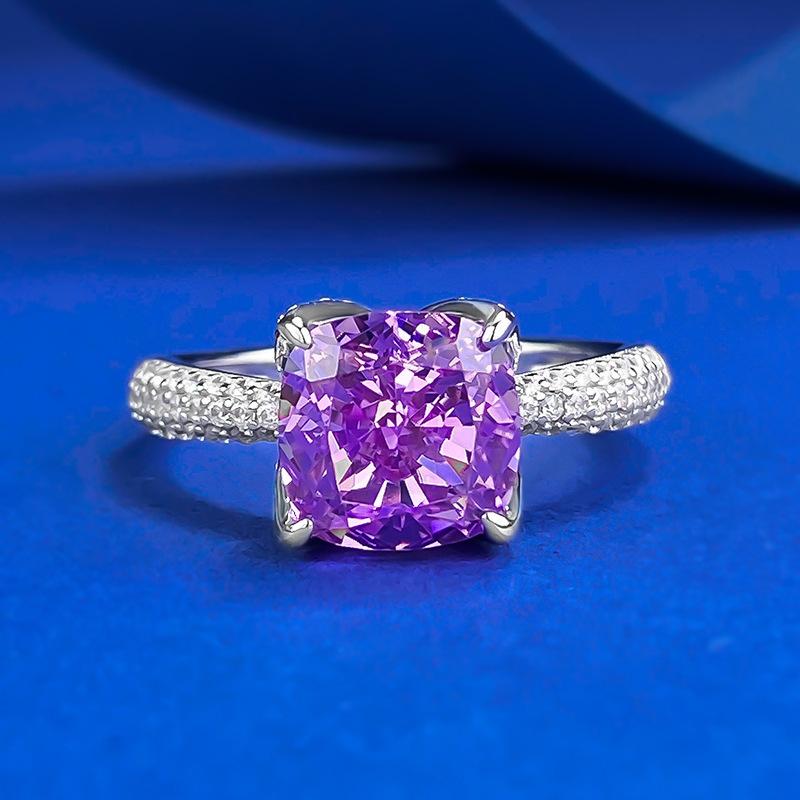 S925 Sterling Silver Purple Square Four-claws Ring 8*8mm 6A Cubic Zirconia Ring-419(25%)
