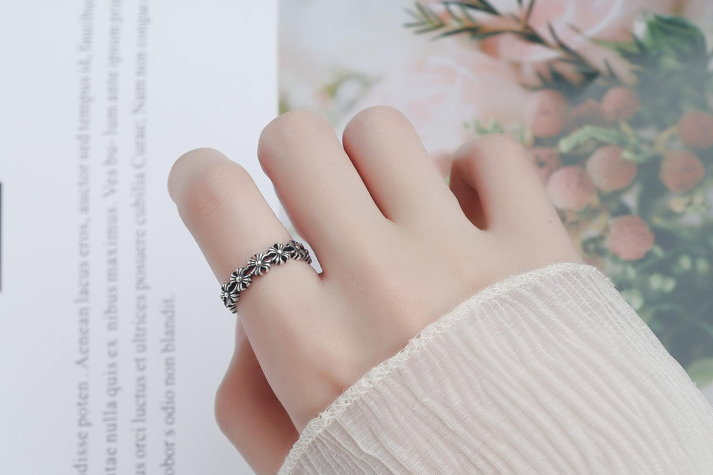 S925 Sterling Silver Vintage Cross Ring Single Finger Tail Ring for Women - 483(45%)