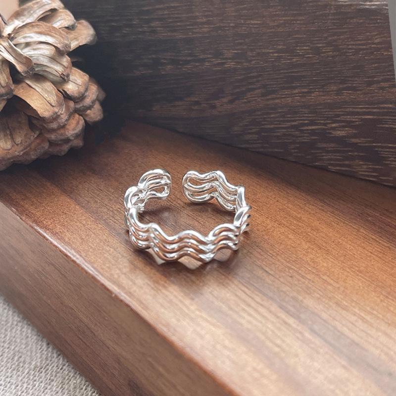 S925 Sterling Silver Three-Layer Wave Ring for Women Geometric Open Ring -532(45%)