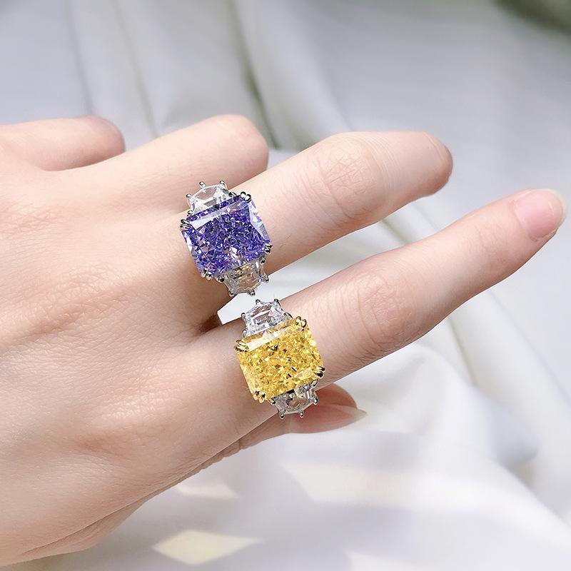 S925 Sterling Silver Yellow/Purple Radiant Cut High Carbon Three Stones Ring 10*12mm 8A Cubic Zirconia Ring-454(25%)