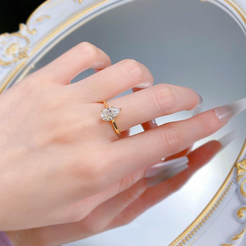 S925 Sterling Silver Pear Shaped Golden 6*9mm 6A Cubic Zirconia Ring-425 emerald  ring(25%)