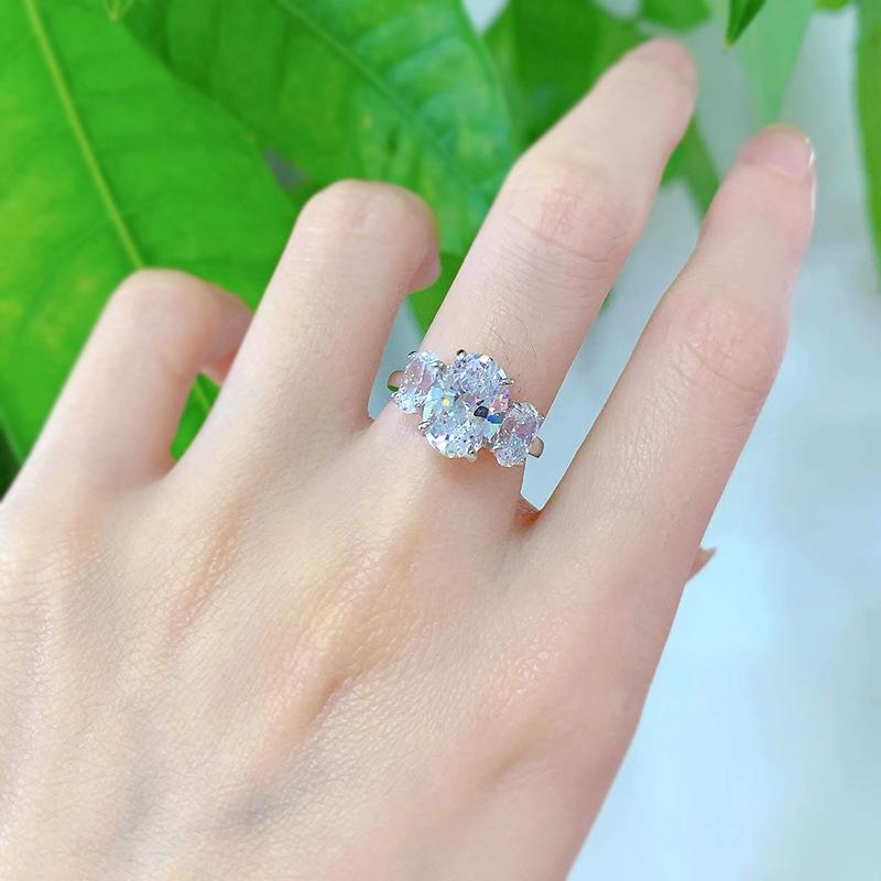 S925 Sterling Silver Big Three-stones Oval Cut Oval Ring 8*11mm 6A Cubic Zirconia Ring-234(35%)