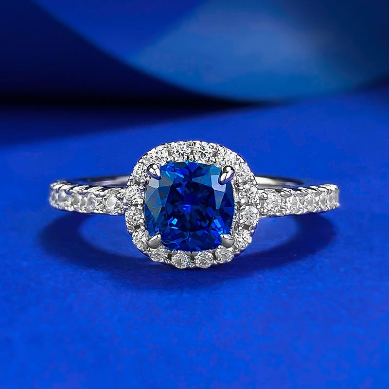 S925 Sterling Silver Blue Cushion Cut Sqare Ring 6*6mm 6A Cubic Zirconia Ring-376(35%)