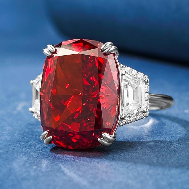 S925 Sterling Silver Red Three Stones Rectangular 11*15mm 8A Cubic Zirconia Ring-135(45%)