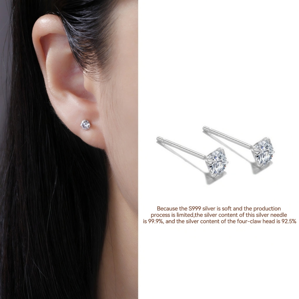 S999 Full Silver Ear Stud, Nourishing Ear Piercing, Prevent Allergies(A pair)