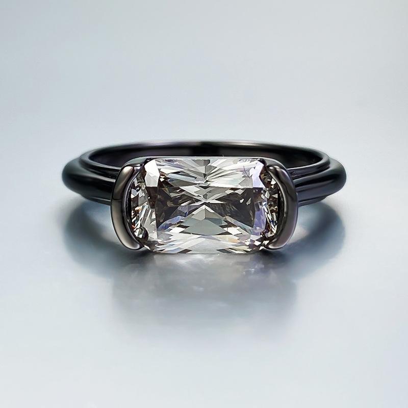 S925 Sterling Silver Black Golden Radiant Cut Rectangular Ring 6*9mm 6A Cubic Zirconia Ring-348(35%)