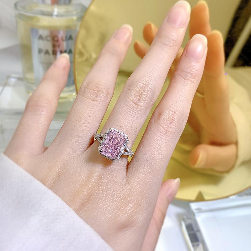 S925 Sterling Silver Ice Flower Cut Rectangular 8*11mm 8A Cubic Zirconia Ring Yellow/pink/white-139(45%)
