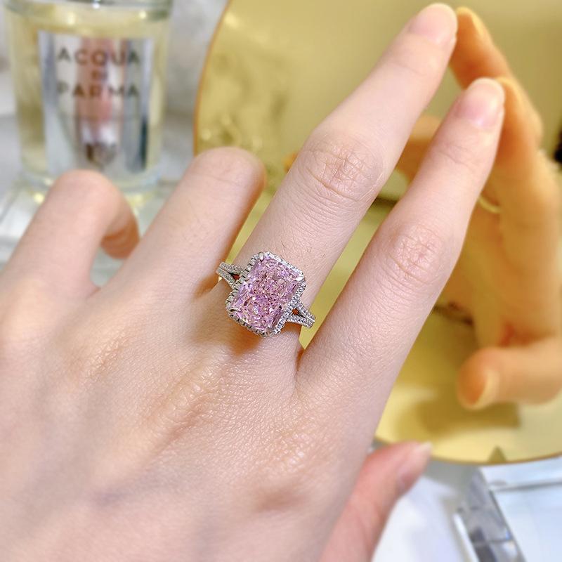 S925 Sterling Silver Ice Flower Cut Rectangular 8*11mm 8A Cubic Zirconia Ring Yellow/pink/white-139(45%)