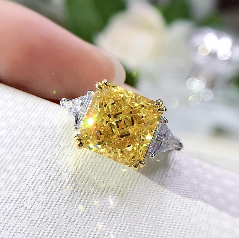 S925 Sterling Silver Yellow Three stones Square 10*10mm 5Carats 8A Cubic Zirconia Ring-153(45%)