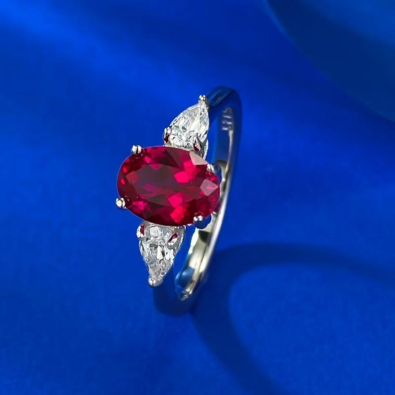 S925 Sterling Silver Oval Cut Ring Red/Blue 6*8mm 6A Cubic Zirconia Ring fashion jewelry accessory woman girl promise ring-271(35%)