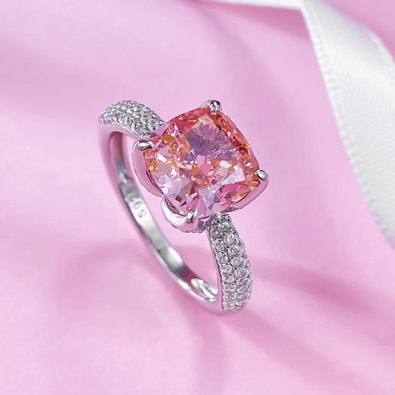 S925 Sterling Silver Pink Flower Bud Square 8*8mm 6A Cubic Zirconia Ring-426(25%)