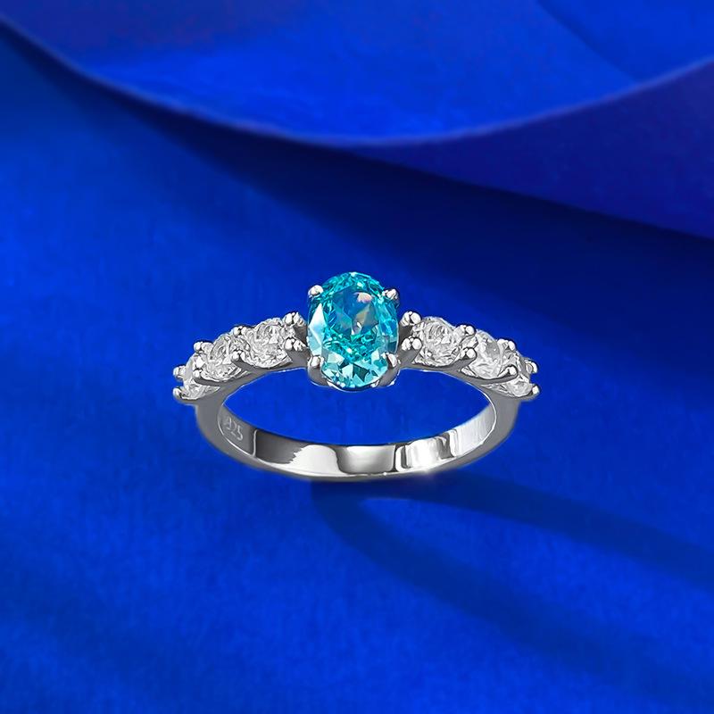 S925 Sterling Silver Blue Oval Cut Four Claws Seven Stones Ring 5*7mm 6A Cubic Zirconia Ring-463(25%)