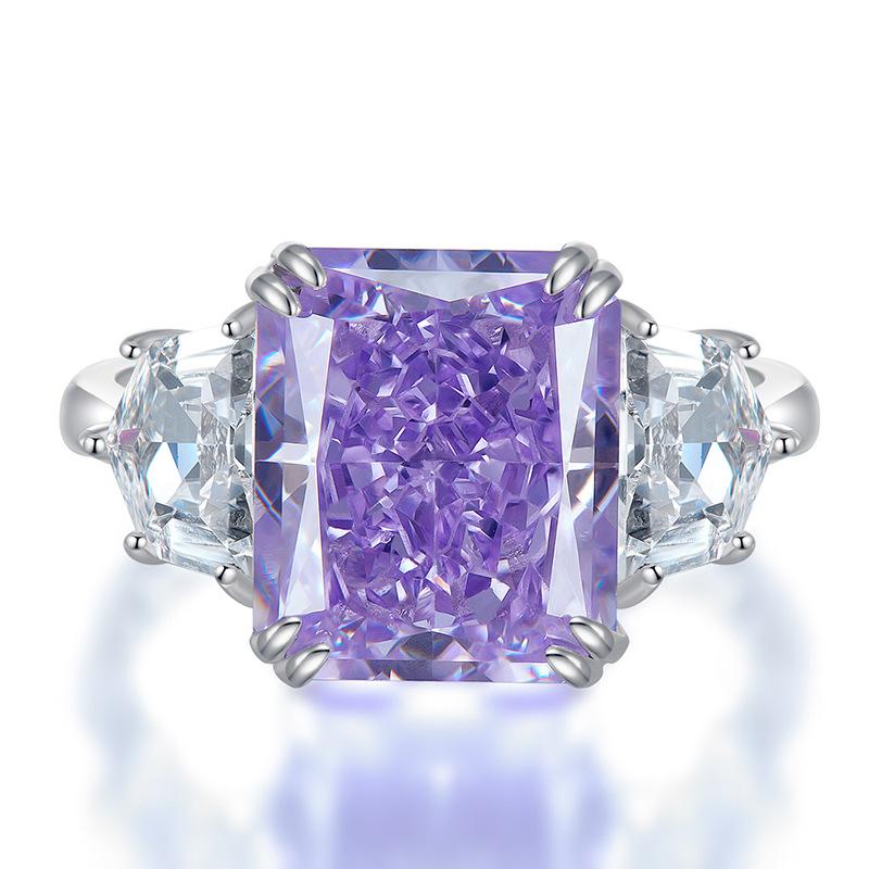 S925 Sterling Silver Yellow/Purple Radiant Cut High Carbon Three Stones Ring 10*12mm 8A Cubic Zirconia Ring-454(25%)