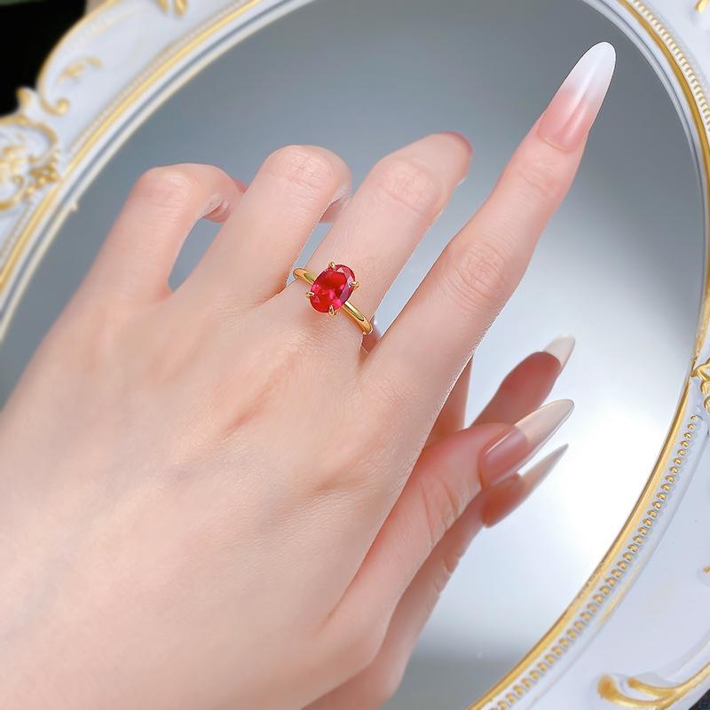 S925 sterling silver red oval cut golden plated ring 7*10mm 6A cubic zirconia ring -102(35%)