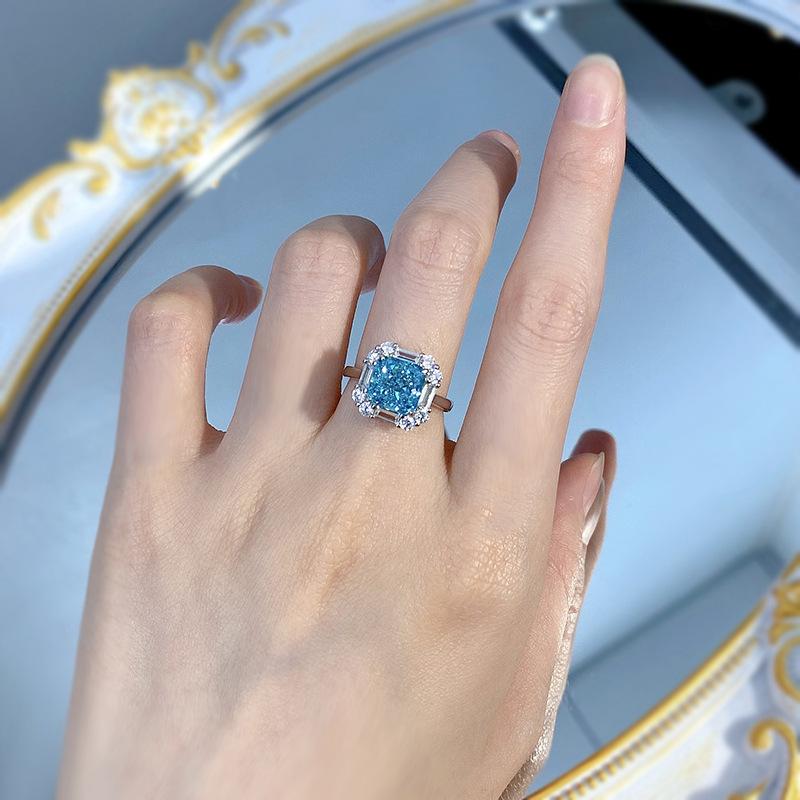 S925 Sterling Silver Sea Blue Ice Flower Cut Square 8*8mm 8A Cubic Zirconia Ring-439(25%)