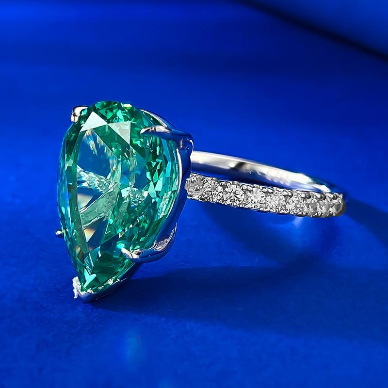 S925 Sterling Silver Water Drop Pear Green 10*14mm 8A Cubic Zirconia Ring-145(45%)