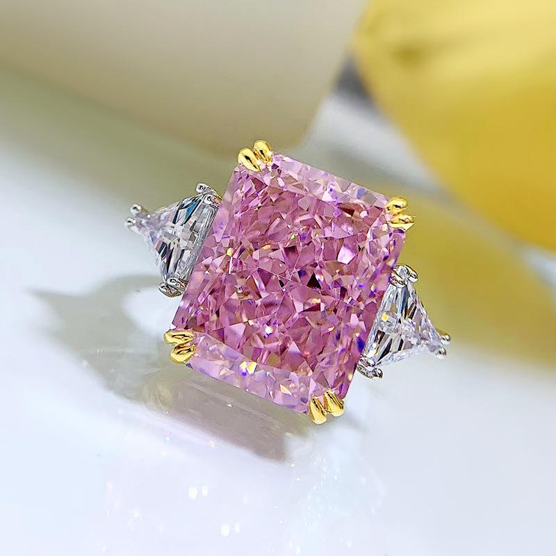 S925 Sterling Silver Pink/Yellow Rectangular Ice Flower Cut Three Stones 13*16mm 8A Cubic Zirconia Ring-444(25%)
