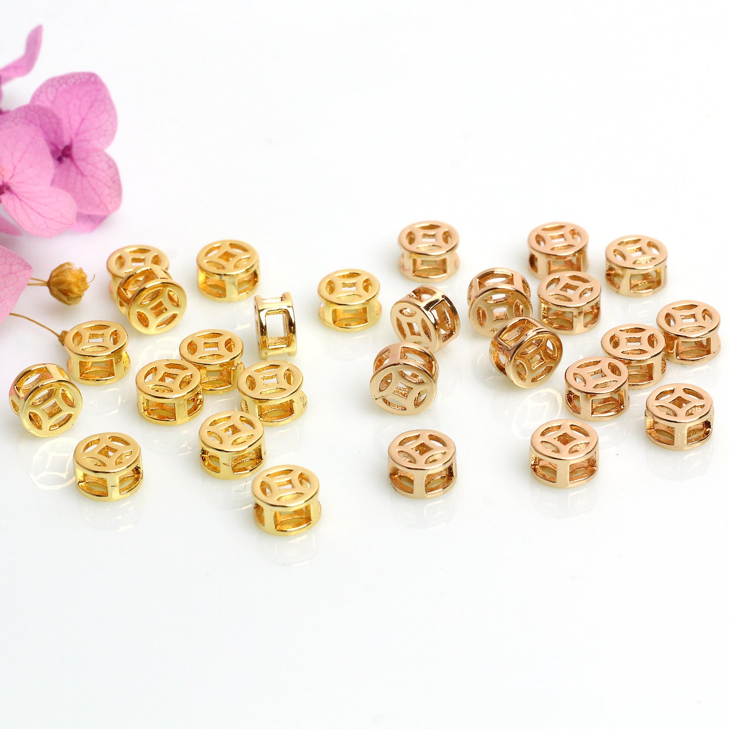 Hollow Copper Beads In The Shape Of Coins  For Jewelry DIY，Covered by 14/18K Real Gold Or Silver