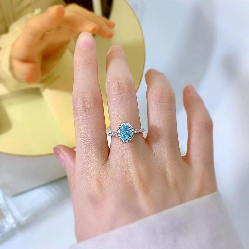 S925 Sterling Silver Aquamarine Radiant Cut Oval Ring 6*8mm 6A Cubic Zirconia Ring-239(35%)