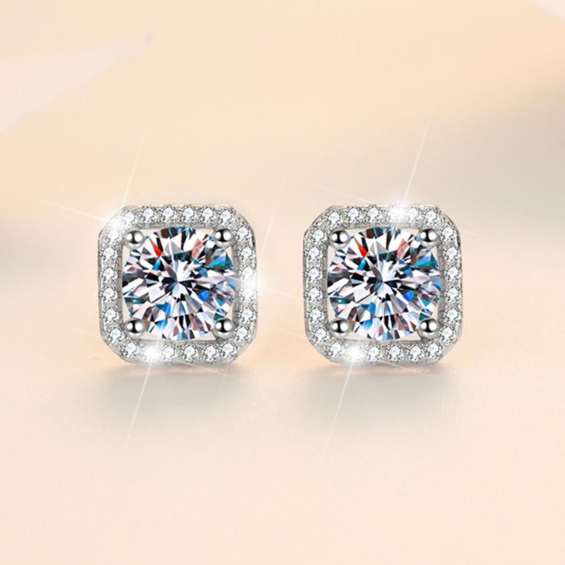 S925 Sterling Silver High Grade Synthetic Moissanite Square Stud Earrings /Square Wrap Style/ /Certified Synthetic Moissanite/High Grade Of D Color E Cut VVS1 Clarity/Superflash Synthetic Moissanite