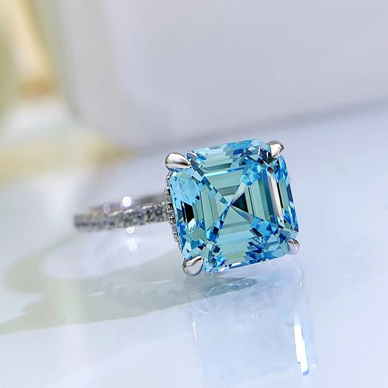 S925 Sterling Silver Blue Asscher Square Cut High Carbon Four Claws Ring 9*9mm 6A Cubic Zirconia Ring-459(25%)