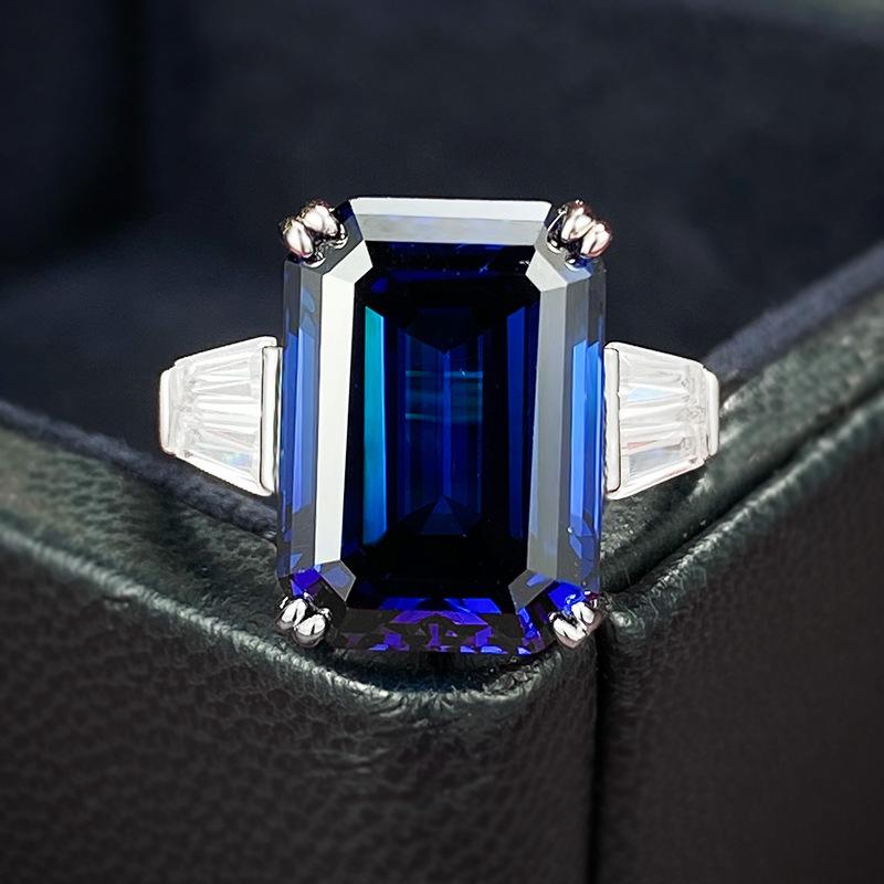 S925 Sterling Silver Blue Grandma Rectangular 10*14mm 6A Cubic Zirconia Ring-148(45%)