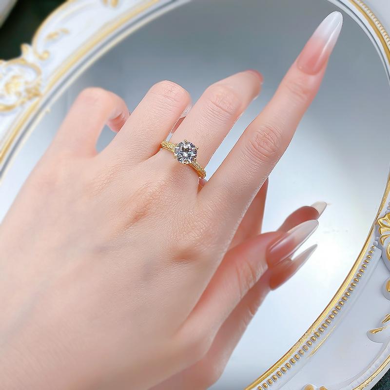 S925 Sterling Silver Golden Plated Inlaid Round 8*8mm 6A Cubic Zirconia Ring-431(25%)