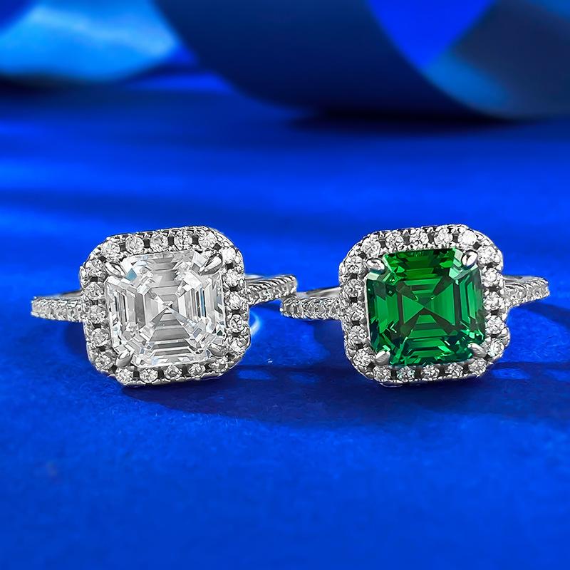 S925 Sterling Silver Green Asscher Cushion Square 8*8mm 6A Cubic Zirconia Ring-151(45%)
