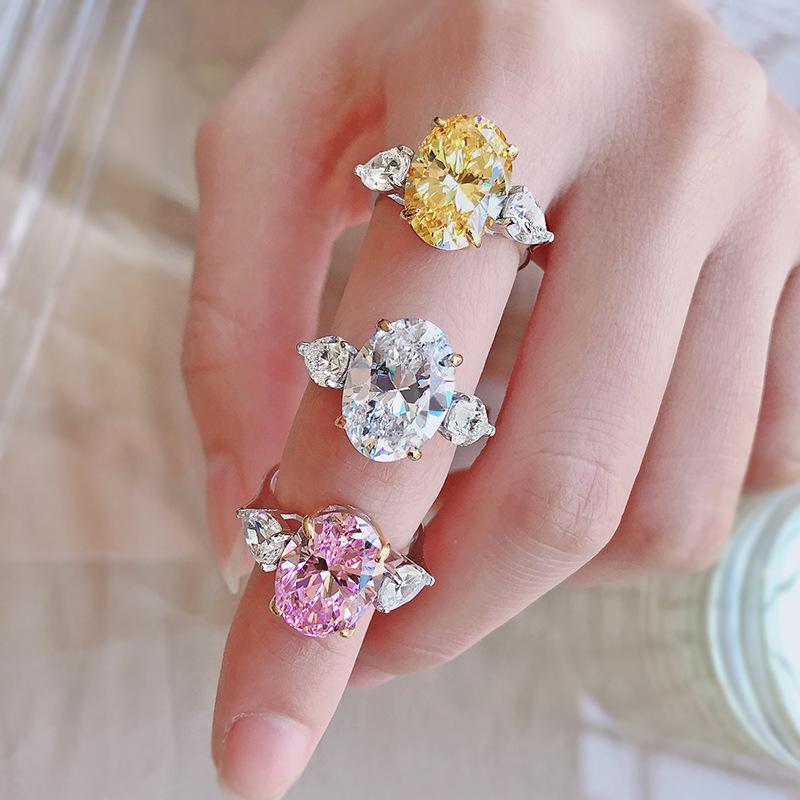 S925 Sterling Silver Purple Three-stones Oval Cut Oval Ring 10*14mm 6A Cubic Zirconia Ring Purple/Yellow/White-365(35%)