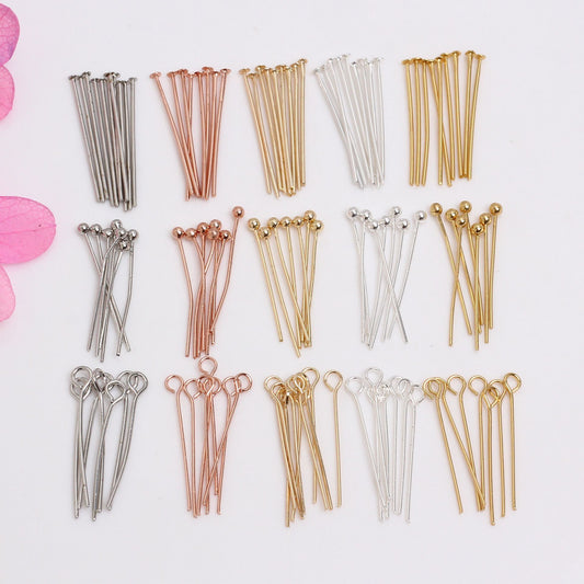 Copper 9-shaped needle/T-shaped needle/Ball-pointed needle, 100 pcs, For Jewelry DIY, Covered By 14/18K Real Gold Or Silver