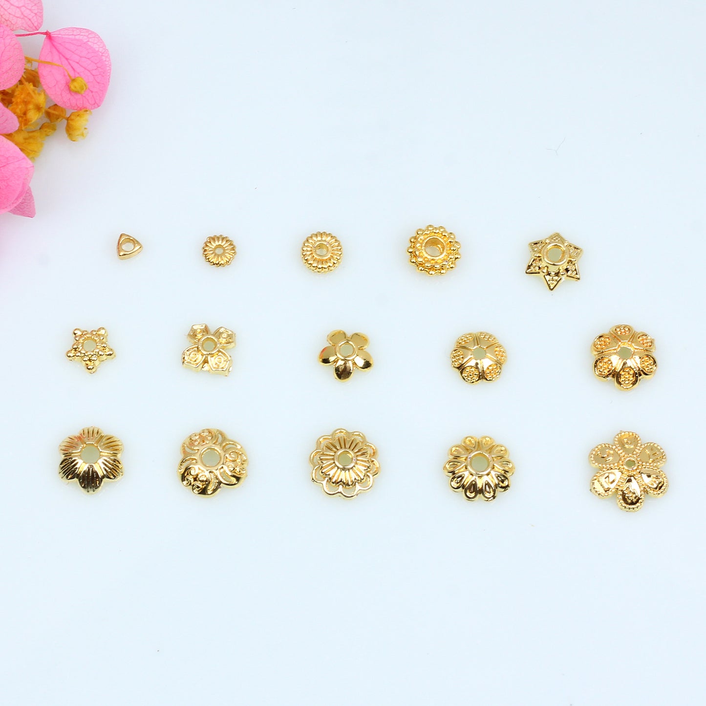 Hollow Petal Alloy Bead Holder For Jewelry DIY，100 pcs, Covered By 14/18K Real Gold Or Silver