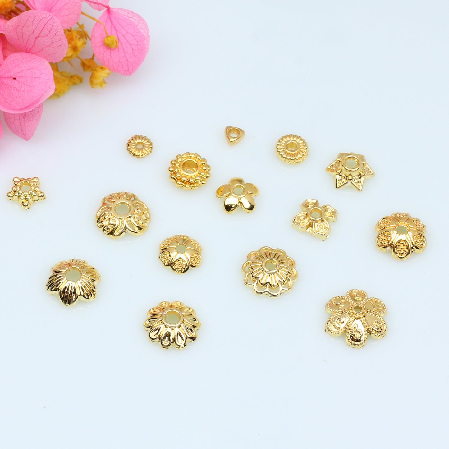 Hollow Petal Alloy Bead Holder For Jewelry DIY，Covered By 14/18K Real Gold Or Silver