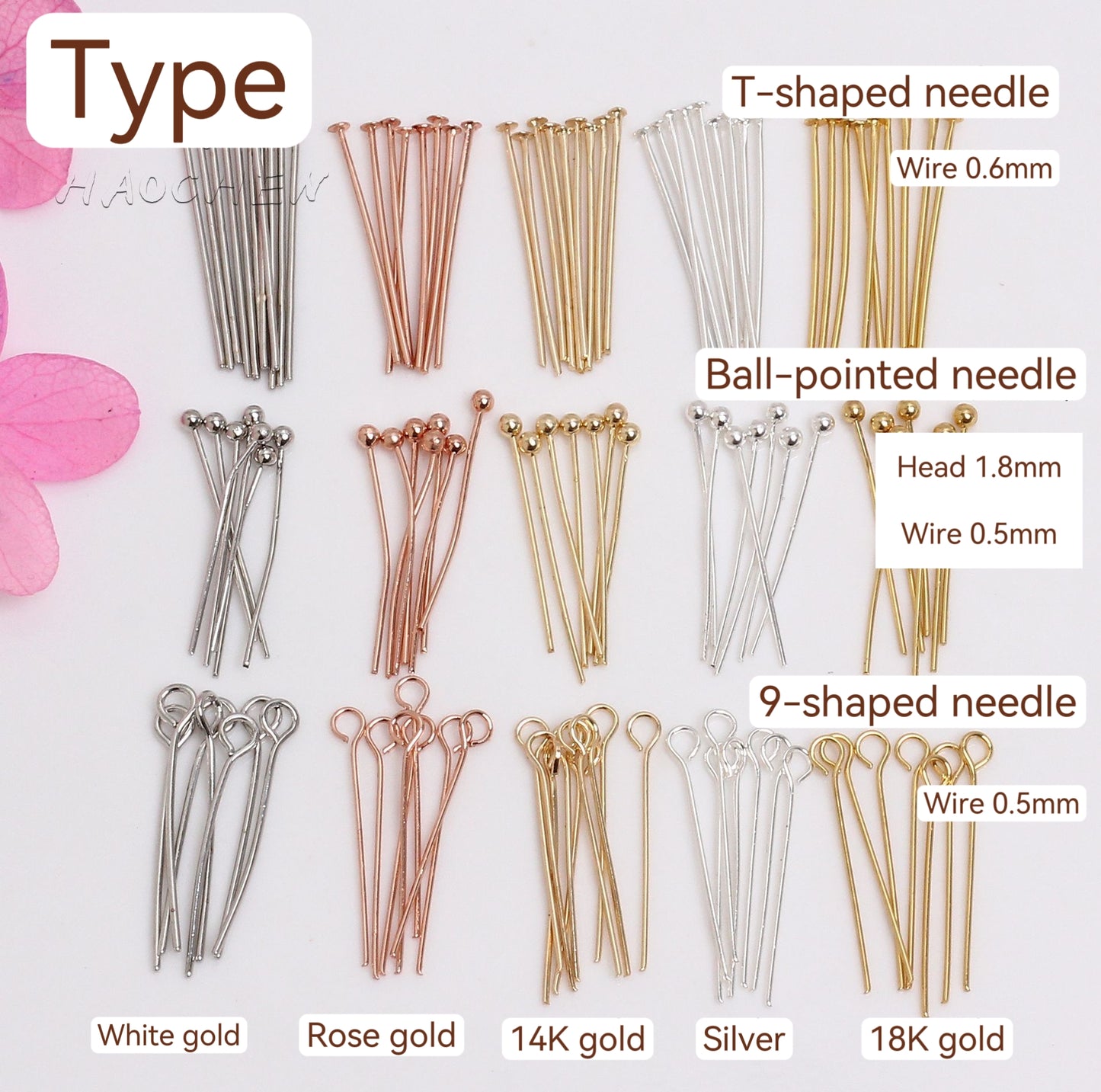 Copper 9-shaped needle/T-shaped needle/Ball-pointed needle, 10 pcs, For Jewelry DIY, Covered By 14/18K Real Gold Or Silver