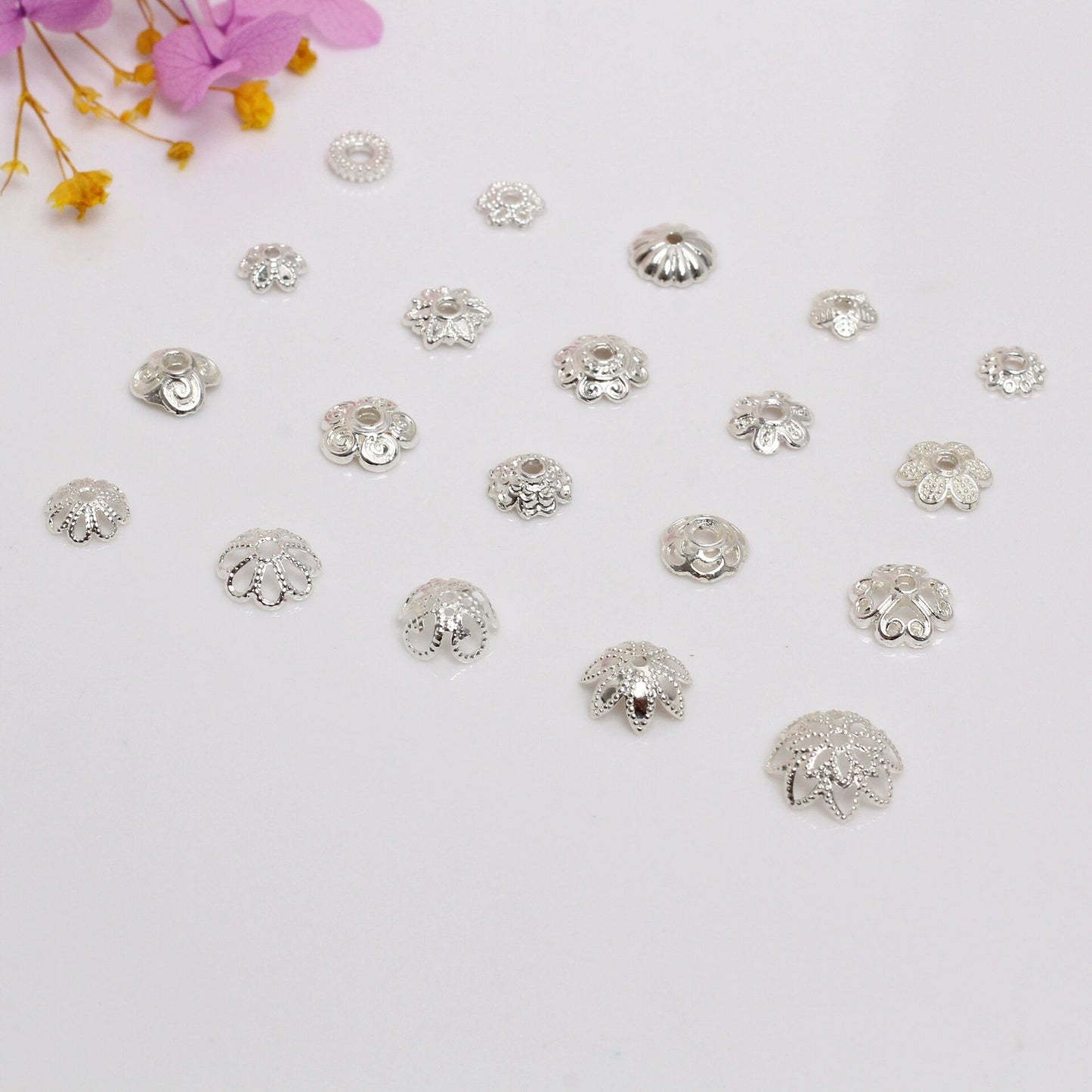 Hollow Alloy Petal Bead Holder For Jewelry DIY-Electroplating Silver/100 pcs