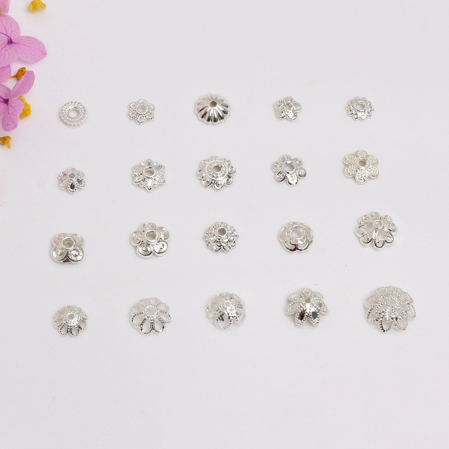 Hollow Alloy Petal Bead Holder For Jewelry DIY-Electroplating Silver/100 pcs