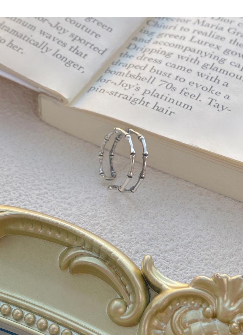 S925 Sterling Silver Vintage Distressed Double Layer Bamboo Knot Ring for Women Open Ring - 502(45%)