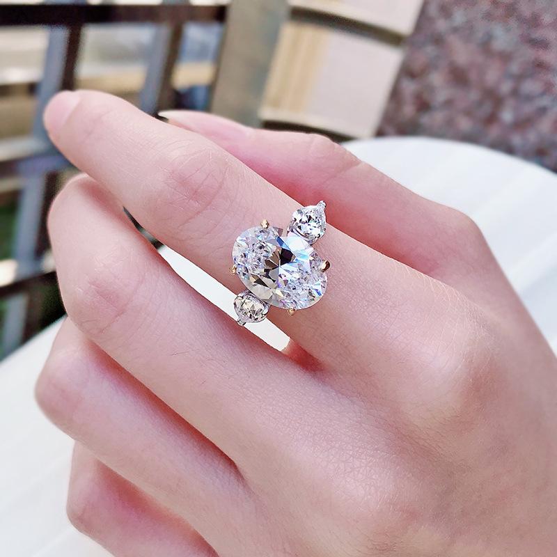 S925 Sterling Silver Purple Three-stones Oval Cut Oval Ring 10*14mm 6A Cubic Zirconia Ring Purple/Yellow/White-365(35%)